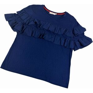 Tory Burch Womens XL Navy Blue Tiered Ruffle Cotton Short Sleeve T-Shirt Top